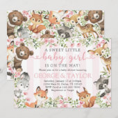 Girl Woodland Animal Baby shower Invite Kaart (Voorkant / Achterkant)