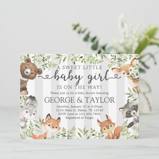 Girl Woodland Animal Baby shower Invite Kaart (Staand voorkant)