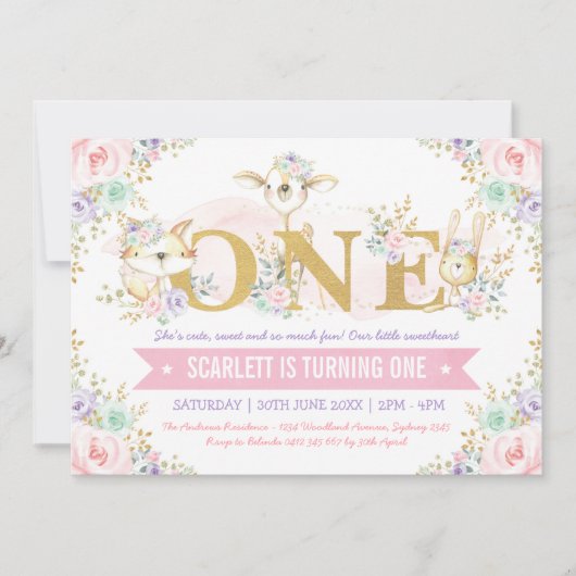  Girl Woodland Animals 1e verjaardag Kaart (Voorkant)