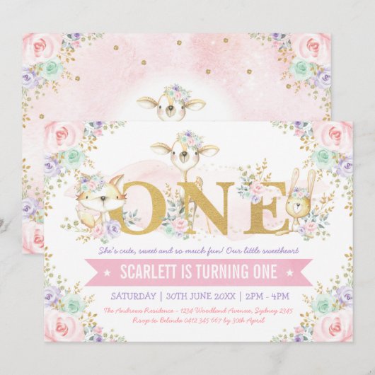  Girl Woodland Animals 1e verjaardag Kaart (Voorkant / Achterkant)