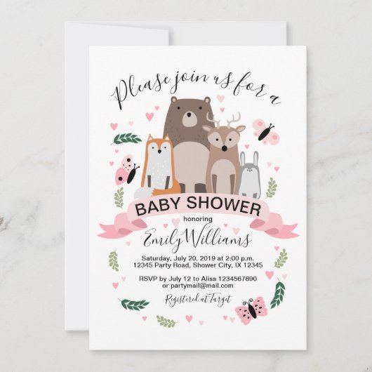 Girl Woodland Animals Baby shower Uitnodiging (Voorkant)