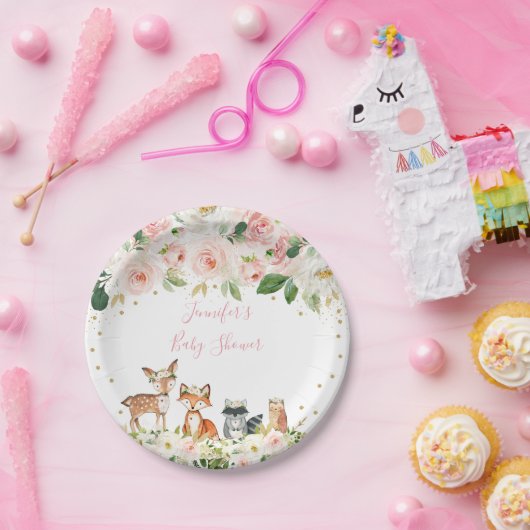 Girl Woodland Baby shower Blush Floral Papieren Bordje (Feest)