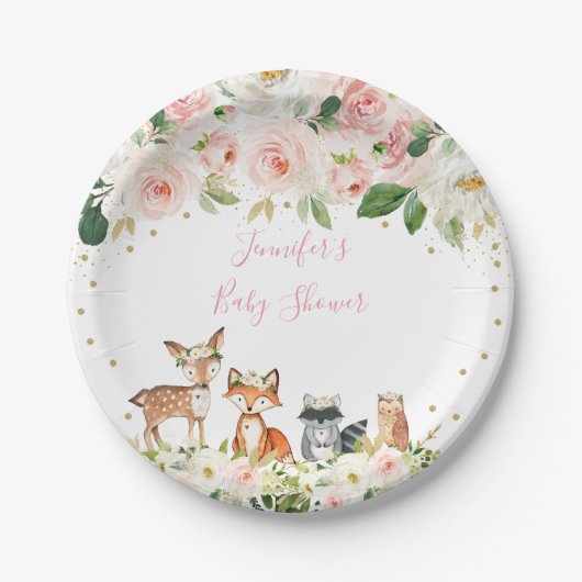 Girl Woodland Baby shower Blush Floral Papieren Bordje (Voorkant)