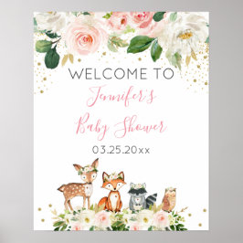 Girl Woodland Baby shower Blush Floral Welcome Poster