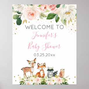 Girl Woodland Baby shower Blush Floral Welcome Poster