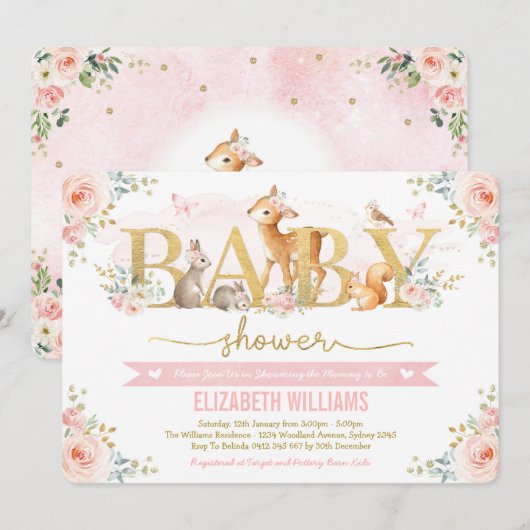 Girl Woodland Baby shower Blush Pink Floral Forest Kaart (Voorkant / Achterkant)