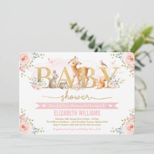 Girl Woodland Baby shower Blush Pink Floral Forest Kaart (Staand voorkant)