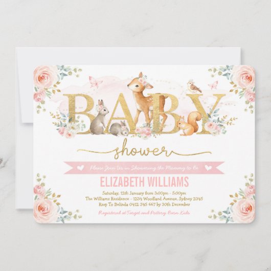 Girl Woodland Baby shower Blush Pink Floral Forest Kaart (Voorkant)