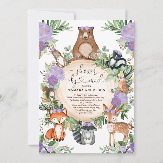 Girl Woodland Baby shower door Mail Paars Floral Kaart (Voorkant)