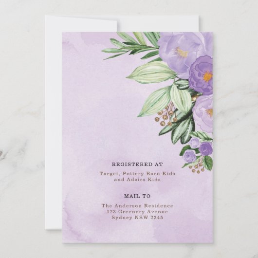 Girl Woodland Baby shower door Mail Paars Floral Kaart (Achterkant)