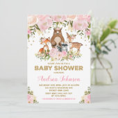 Girl Woodland Baby shower Forest Animals Pink Gold Kaart (Staand voorkant)