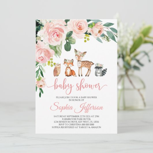 Girl Woodland Baby shower Forest Animals Roze Rose Kaart (Staand voorkant)