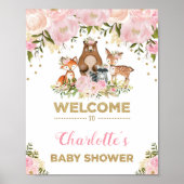 Girl Woodland Baby shower Pink Floral Welcome Sign Poster (Voorkant)