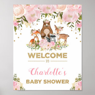 Girl Woodland Baby shower Pink Floral Welcome Sign Poster