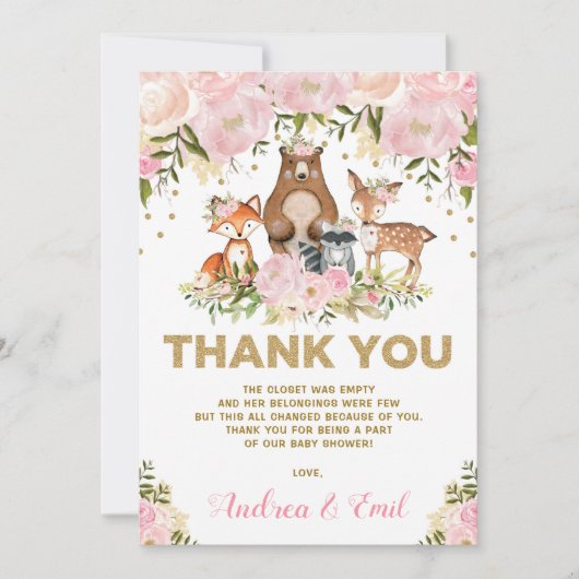 Girl Woodland Baby shower Pink Gold Hartelijk dank Kaart (Voorkant)