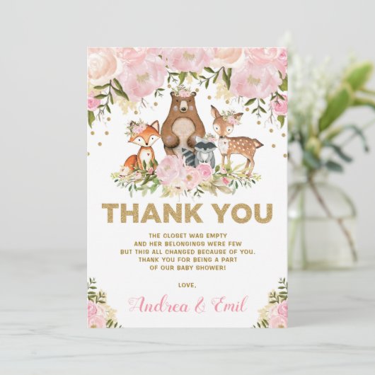 Girl Woodland Baby shower Pink Gold Hartelijk dank Kaart (Staand voorkant)