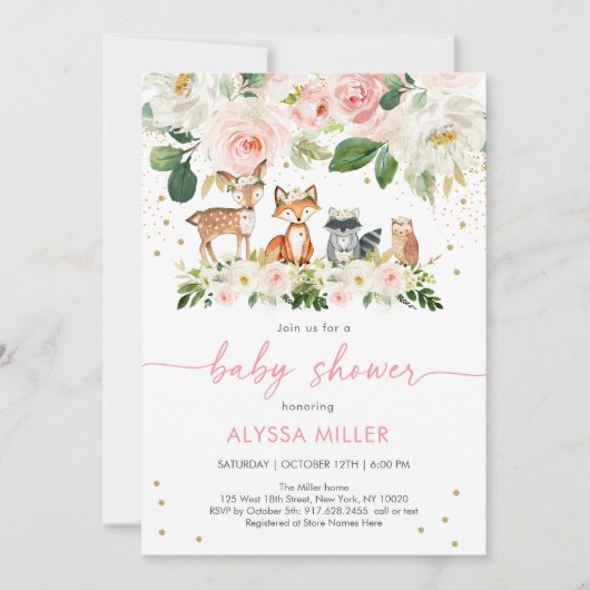 Girl Woodland Blush Floral Baby shower Kaart (Voorkant)
