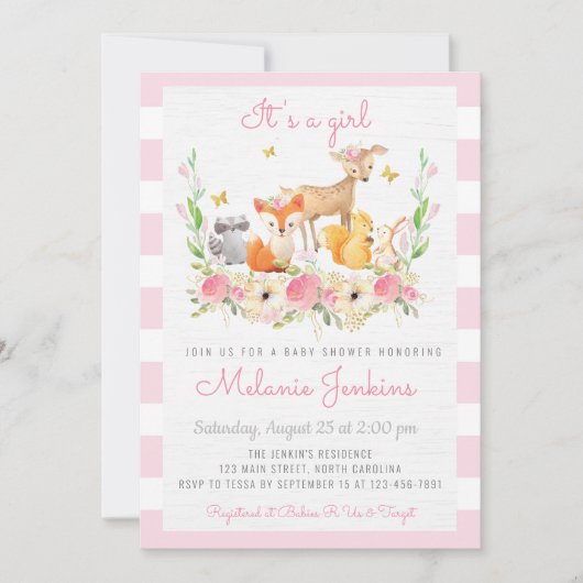 Girl Woodland Deer Baby shower Invitation Kaart (Voorkant)