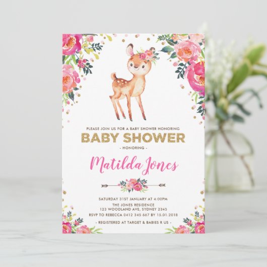 Girl Woodland Deer Floral Fawn Baby shower Party Kaart (Staand voorkant)