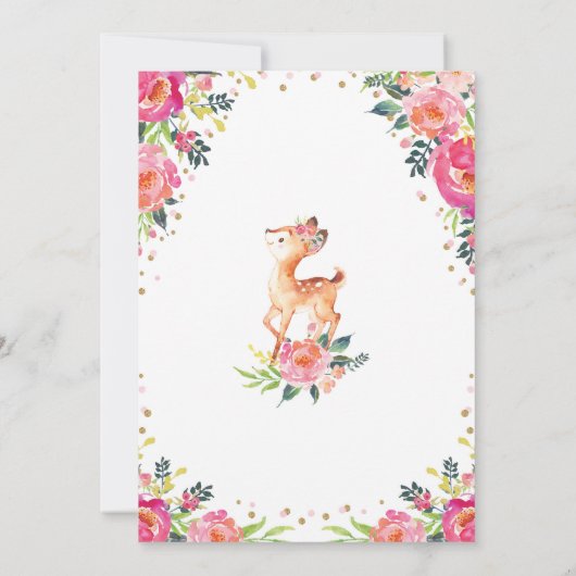 Girl Woodland Deer Floral Fawn Baby shower Party Kaart (Achterkant)