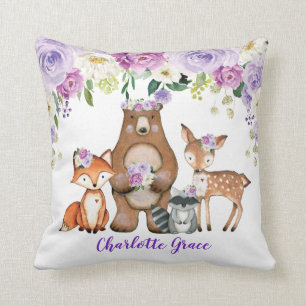 Girl Woodland Forest Animals Paarse Floral Nursery Kussen