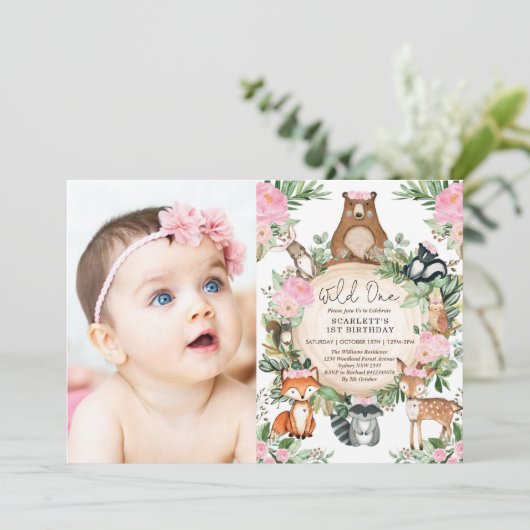 Girl Woodland Forest Pink Floral Wild Eén dag Kaart (Staand voorkant)