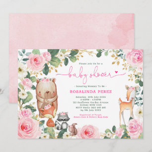 Girl Woodland Pink Floral Rozen Forest Baby shower Kaart