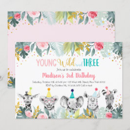 Girl Young Wild and Three Party Animal Birthday Kaart