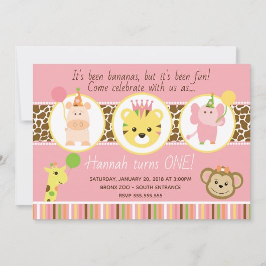Girl Zoo Birthday Party Invitation Kaart (Voorkant)