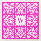  Girlie Hot Pink Lace Monogram Glazen Onderzetter (Voorkant)