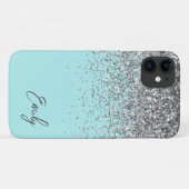 Girlige Aqua Blauwe Zilveren Glitter Monogram Case-Mate iPhone Case (Achterkant (horizontaal))