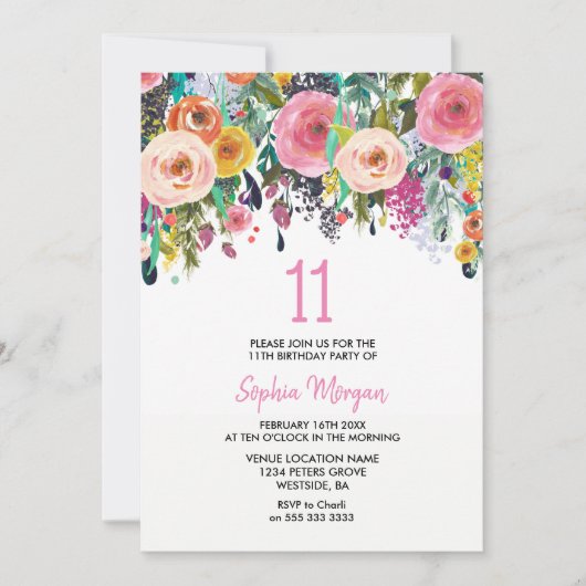 Girls 11th Birthday Party nodigt roze bloemen uit Kaart (Voorkant)