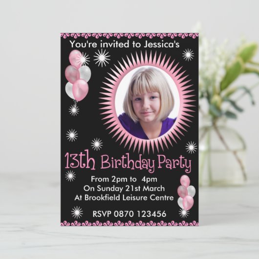 Girls 13th Birthday Photo Invitation Kaart (Staand voorkant)