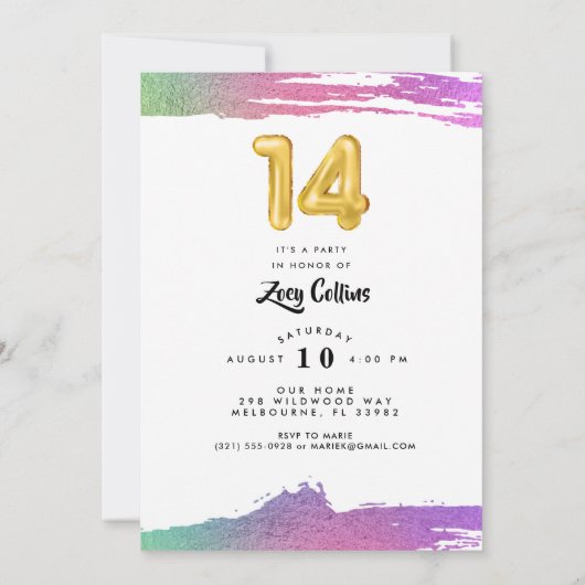 Girls 14th Birthday Balloon Fotouitnodiging Kaart (Achterkant)