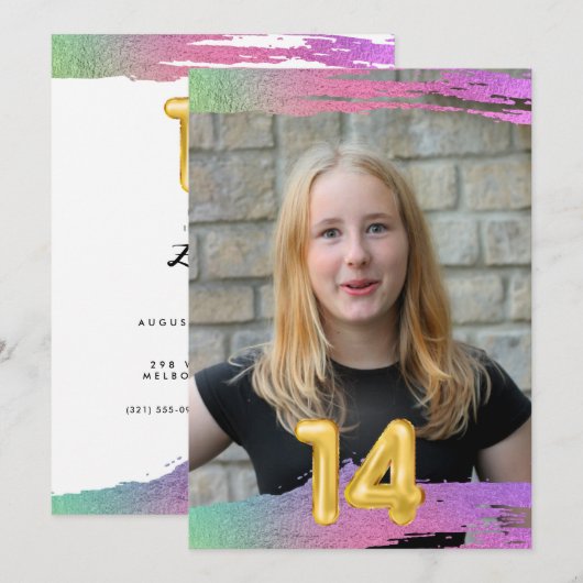 Girls 14th Birthday Balloon Fotouitnodiging Kaart (Voorkant / Achterkant)