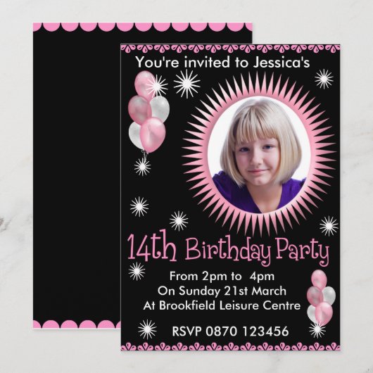 Girls 14th Birthday Photo Invitation Kaart (Voorkant / Achterkant)