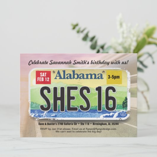 Girl's 16e Bday Alabama License Uitnodiging (Staand voorkant)