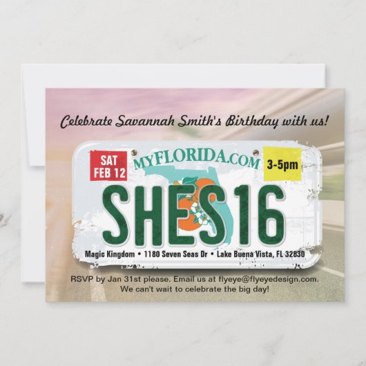 Girl's 16e Birthday Florida License Invitation Kaart (Voorkant)