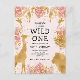 Girls 1st Birthday Party Pink Oerwoud Safari Uitnodiging Briefkaart