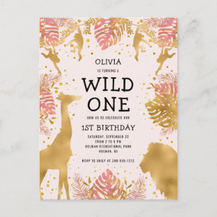 Girls 1st Birthday Party Pink Oerwoud Safari Uitnodiging Briefkaart