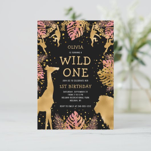Girls 1st Birthday Pink Black Safari Kaart (Staand voorkant)
