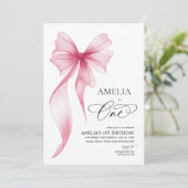 Girls 1st birthday pink bow coquette  kaart (Staand voorkant)