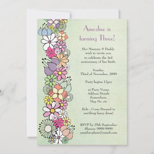 Girls 3rd Birthday Party Custom Invitation Kaart (Achterkant)