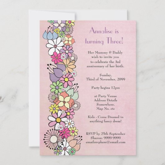 Girls 3rd Birthday Party Custom Invitation Kaart (Achterkant)