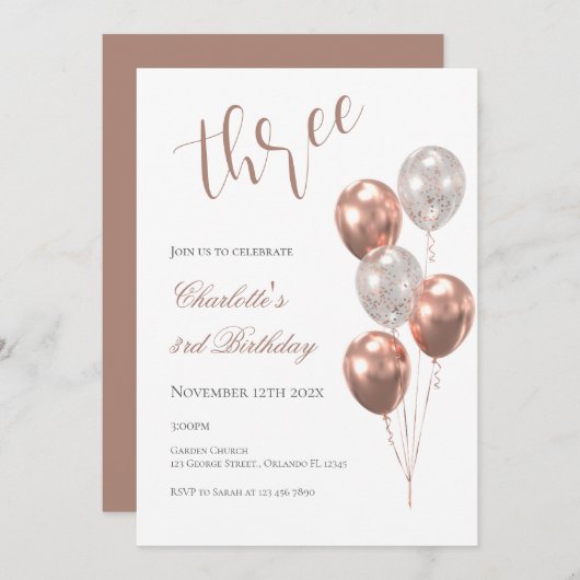 Girl's 3rd birthday, with beige balloons kaart (Voorkant / Achterkant)