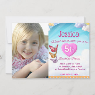 Girls 5th Birthday Party Photo Invite Butterflies Kaart
