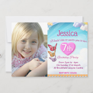 Girls 7th Birthday Party Photo Invites Butterflies Kaart