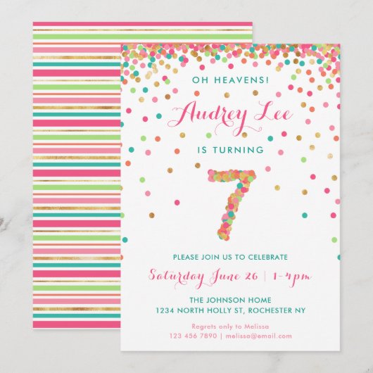 Girls 7th Birthday Uitnodiging verjaardagsfeest (Voorkant / Achterkant)