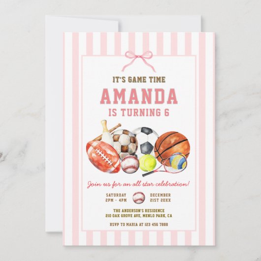 Girls All Star Sports Ball Games Birthday Party Kaart (Voorkant)
