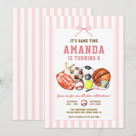 Girls All Star Sports Ball Games Birthday Party Kaart (Voorkant / Achterkant)